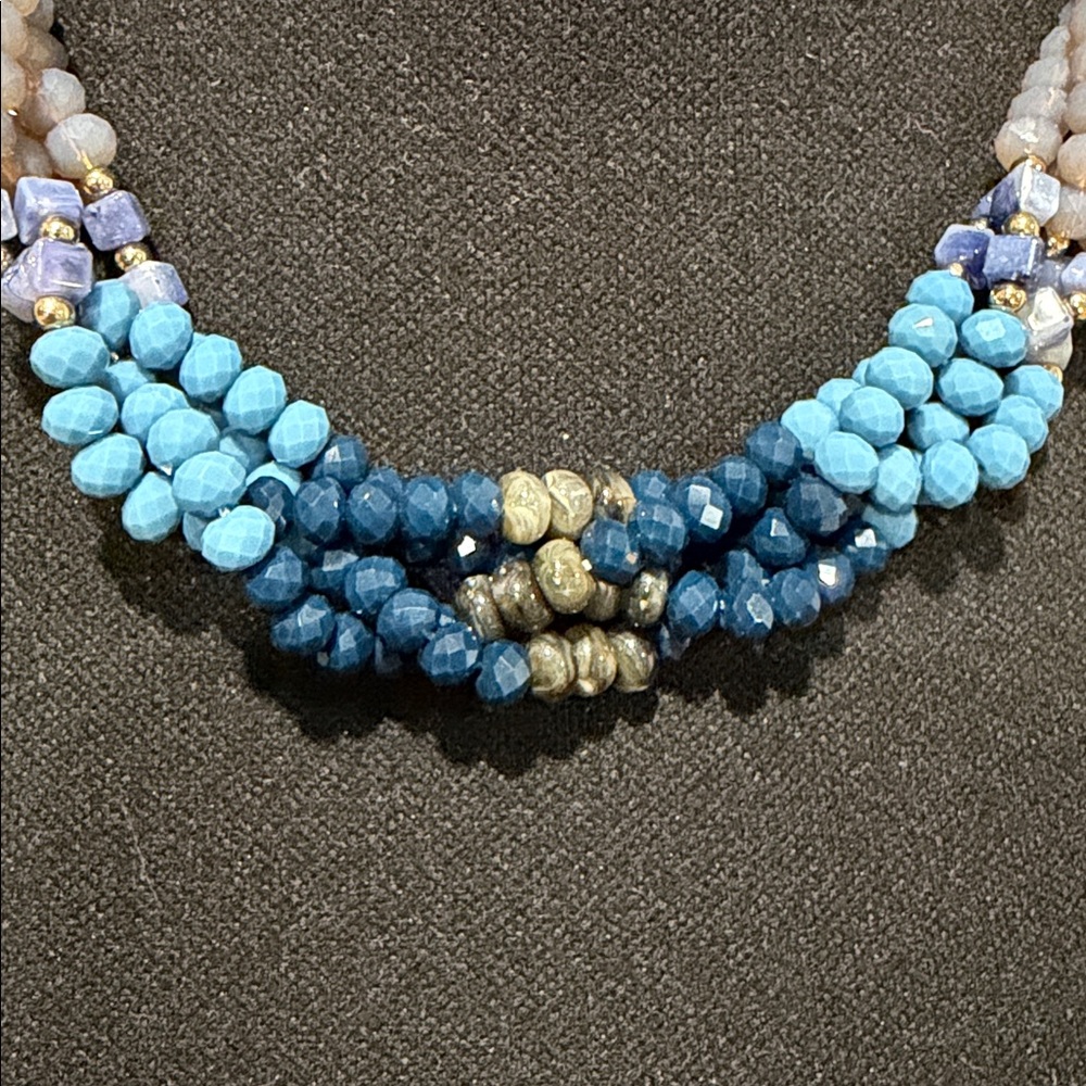 Boutique Multi Strand Blue Statement Necklace | Gold Accents - Picture 9 of 11